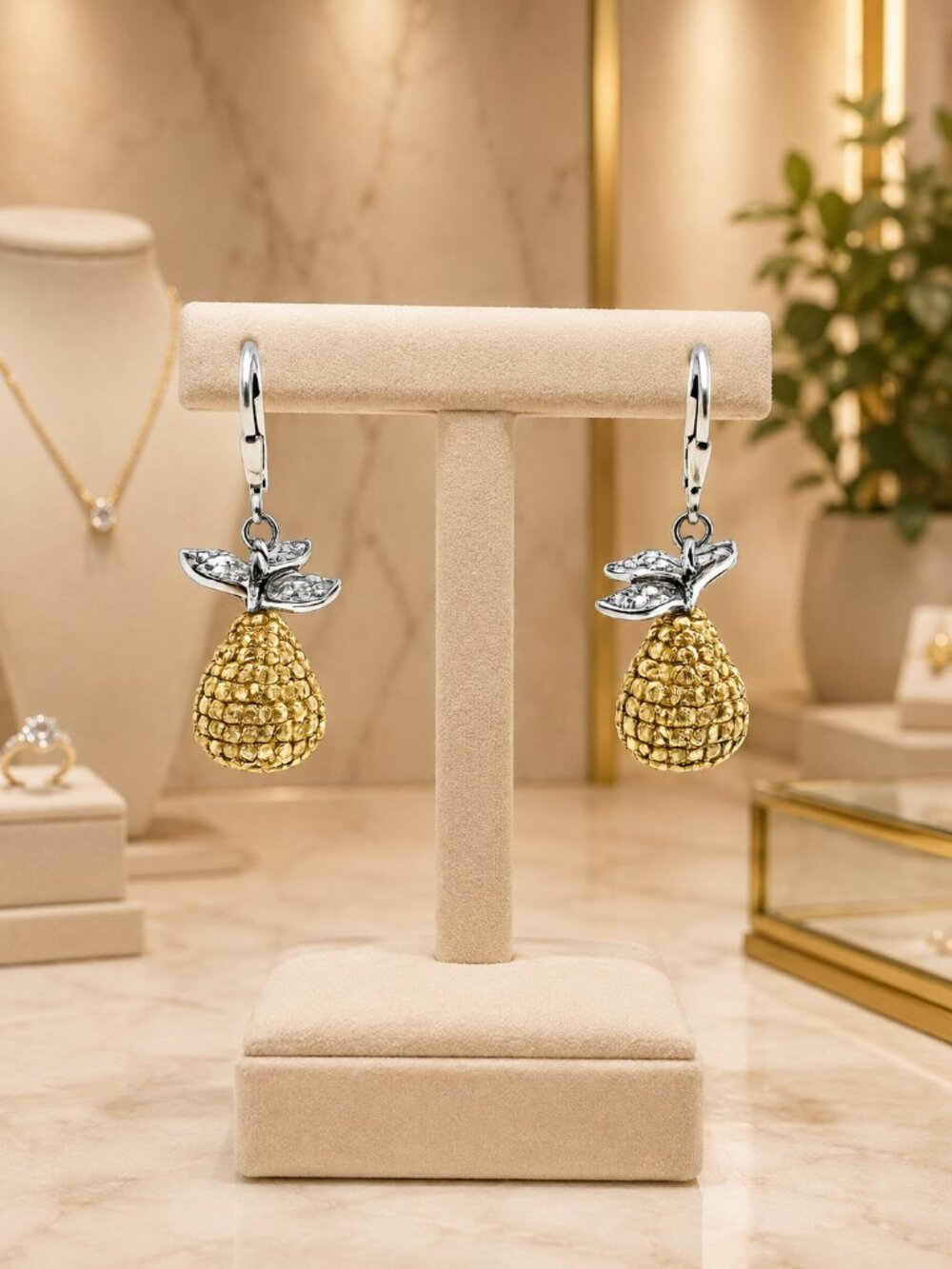 Sterling Pear Fruit Pave Crystal Dangle Earrings Rhodium Plated Silver Jewelry